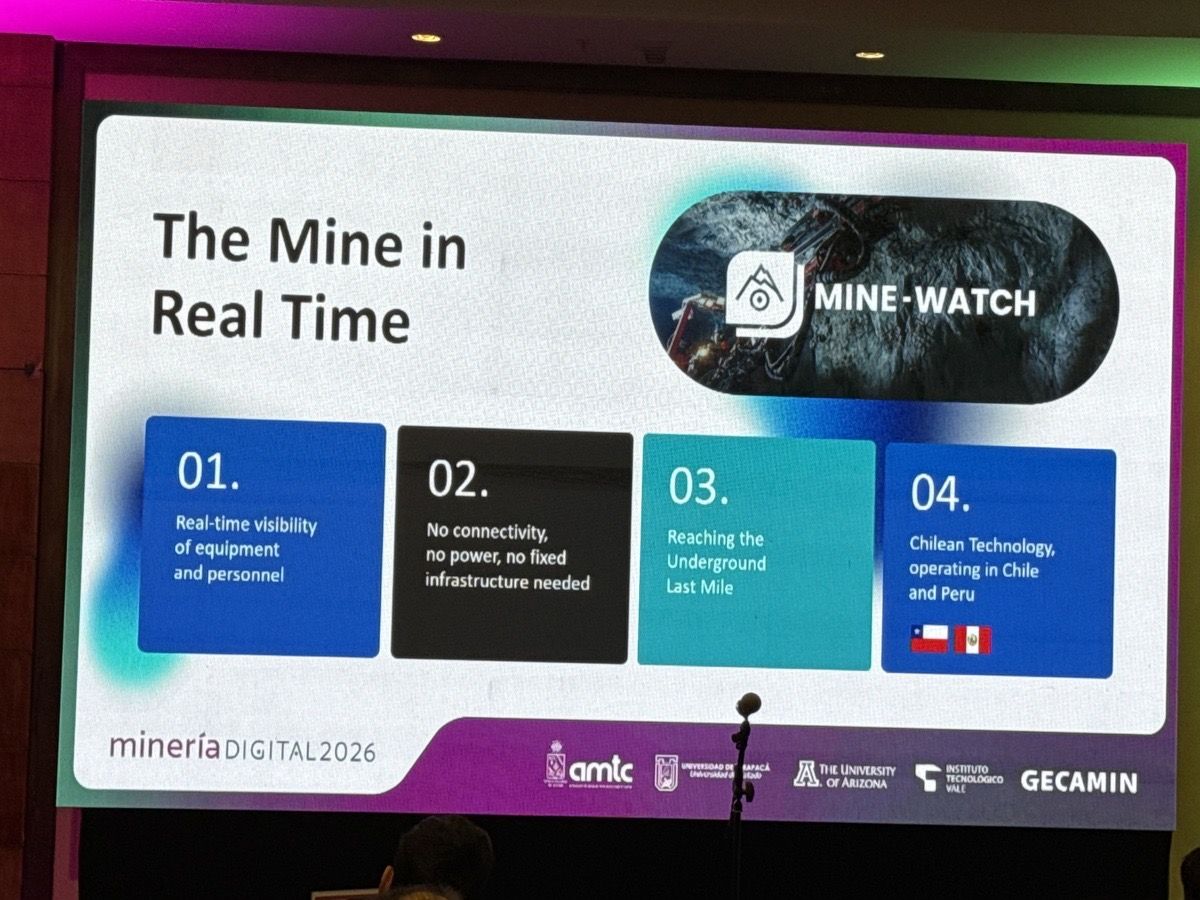 Los cuatro pilares de la propuesta: visibilidad en tiempo real de equipos y personal; sin conectividad, energía ni infraestructura fija; llegar a la última milla subterránea; y tecnología chilena operando en Chile y Perú.