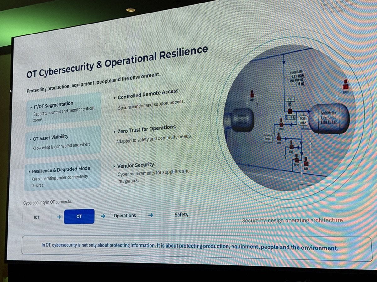 Ciberseguridad y resiliencia operacional en OT: segmentación IT/OT, visibilidad de activos, acceso remoto controlado, Zero Trust para operaciones, modo degradado y seguridad de proveedores. La cadena ICT → OT → Operaciones → Seguridad.